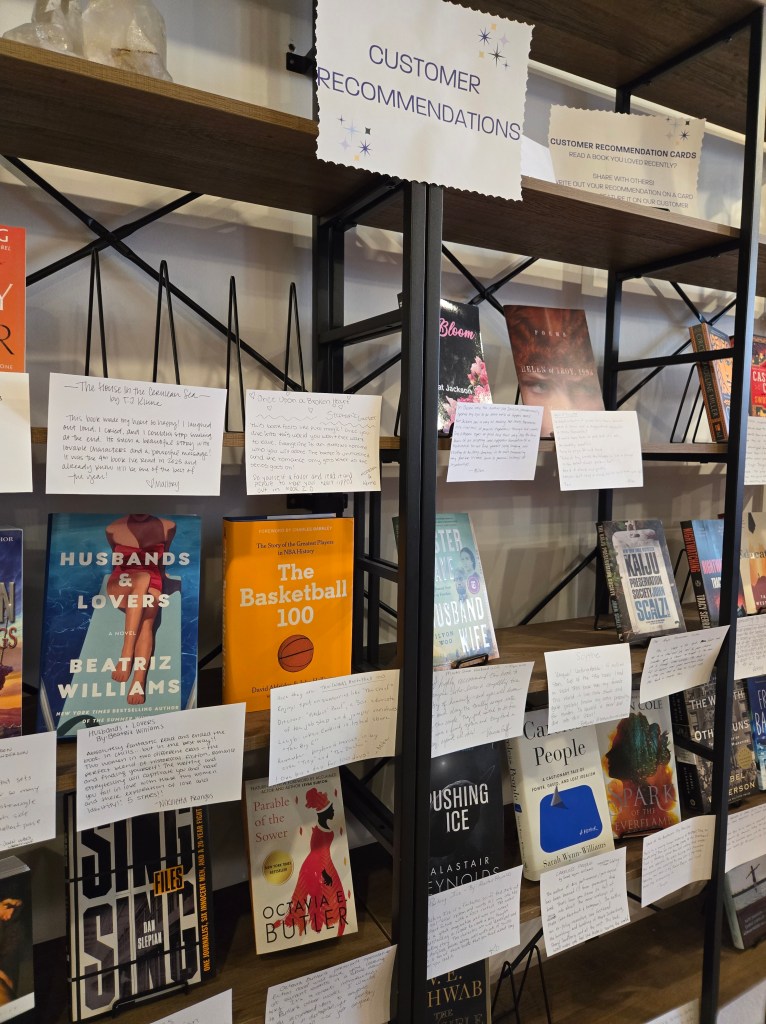 customer recommendations shelf inside About Time bookstore in Libertyville, IL